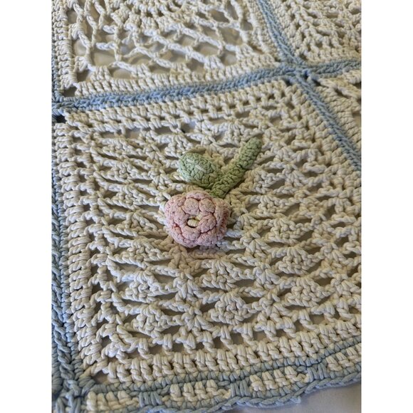 Handmade Crochet Wool Throw Blanket 47x57 3D Floral Squares Blue Border Cottage - Picture 7 of 16